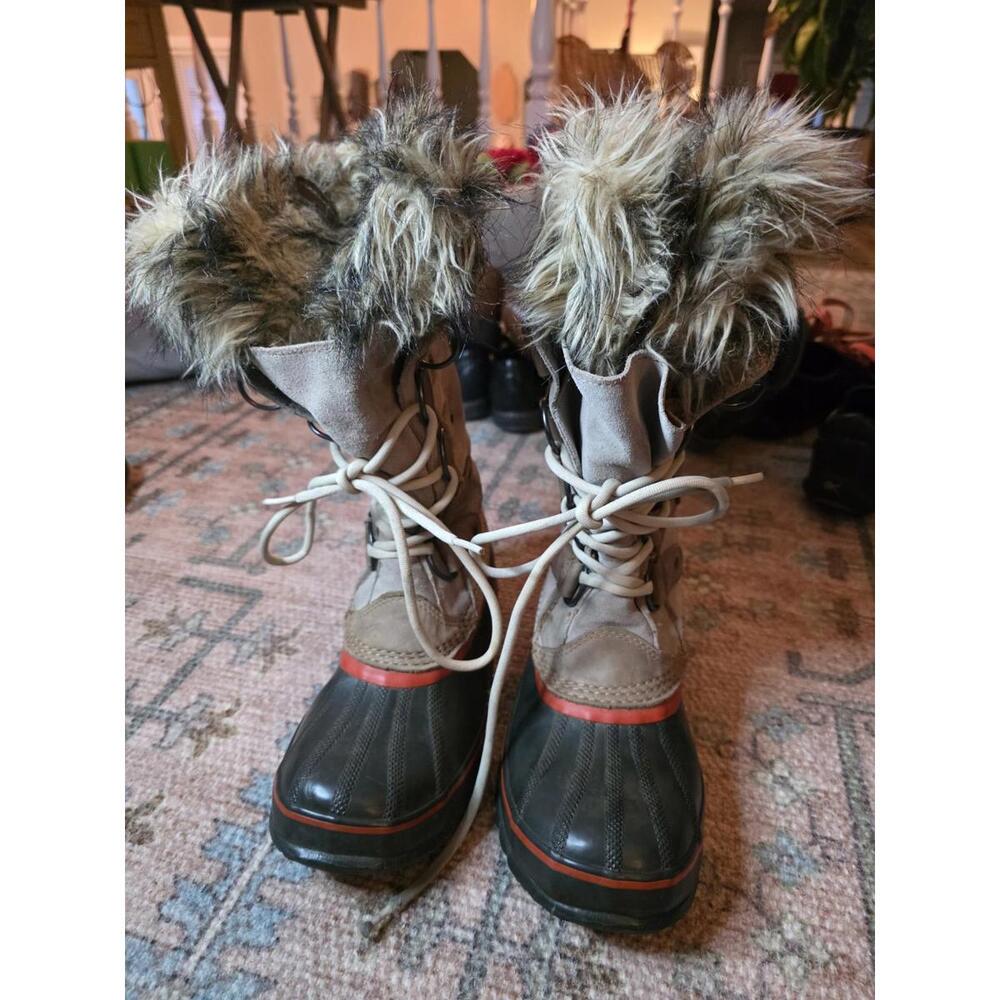 Sorel Waterproof Faux Fur Lace Up Snow Boots Joan of Arctic Beige Black 9